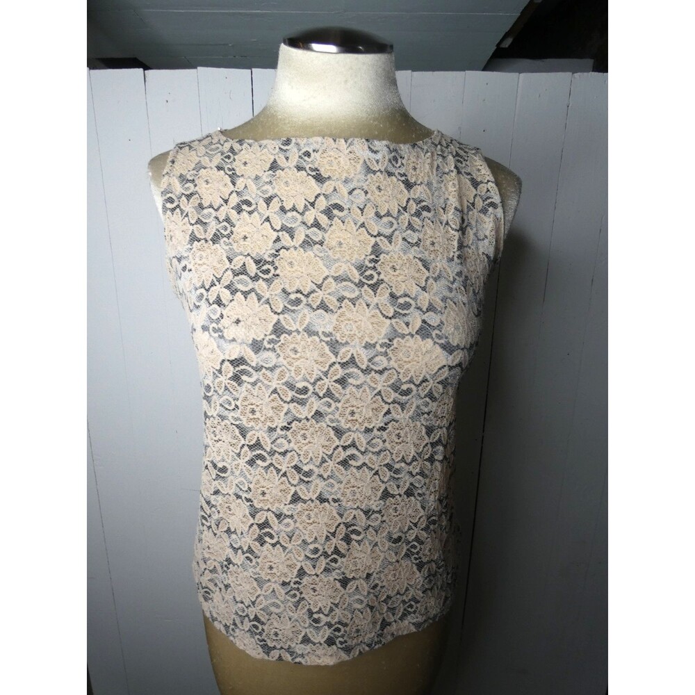 VTG Nicola Women's Petite M Beige Silver Lace Y2K Tank Top Boatneck Semi Sheer